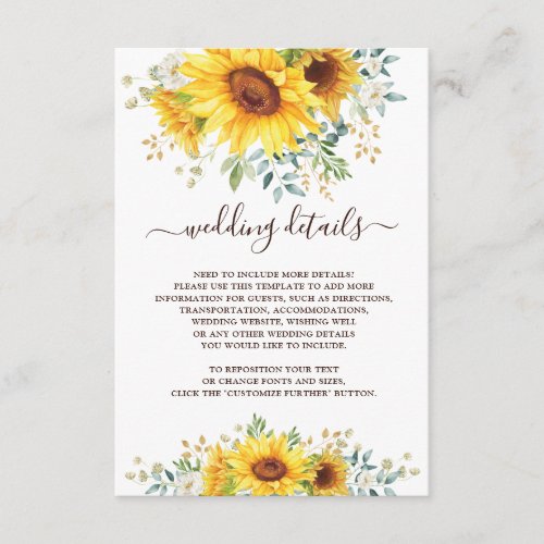 Simple Stylish Watercolor Sunflower Garden Details Enclosure Card