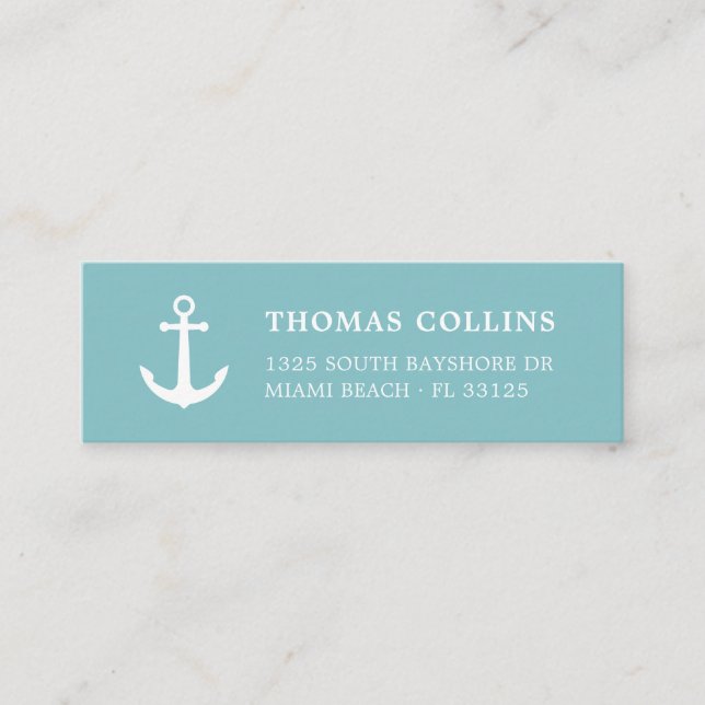 Simple Stylish White and Aqua Nautical Anchor |  Mini Business Card (Front)