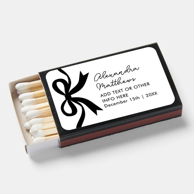Simple Stylish White And Black Ribbon Bow Script Matchboxes (Front Open)