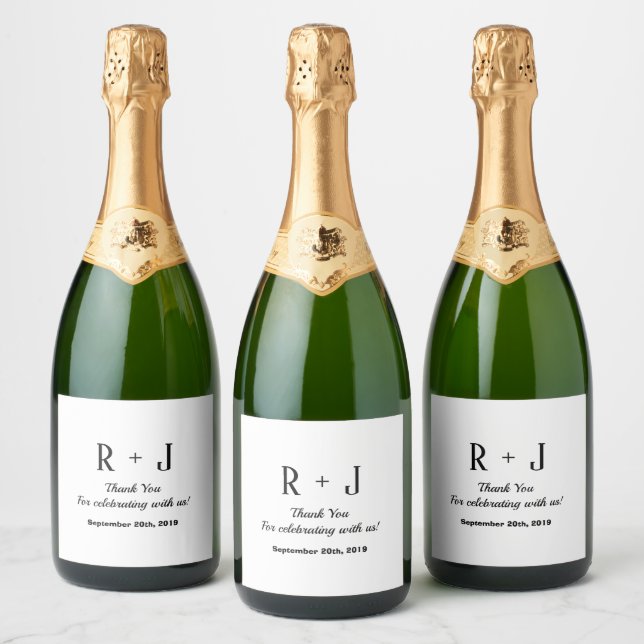 Simple Stylish White Thank You Monogram Wedding  Sparkling Wine Label (Bottles)