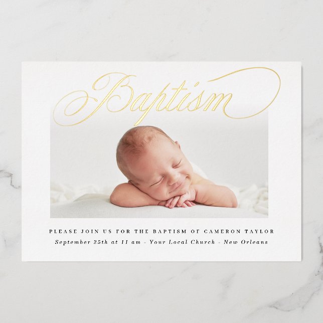 Simple Subtle Cross One Photo Baptism Gold Foil Invitation (Front)
