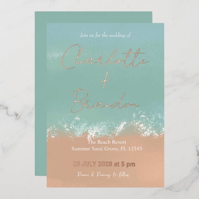 Simple Summer Seaside Beach Wedding Invitation Foil Invitation (Front/Back)