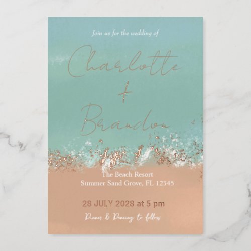 Simple Summer Seaside Beach Wedding Rosegold Foil Invitation