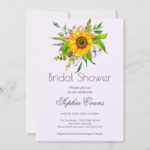 Simple Sunflower and Greenery Purple Bridal Shower Invitation