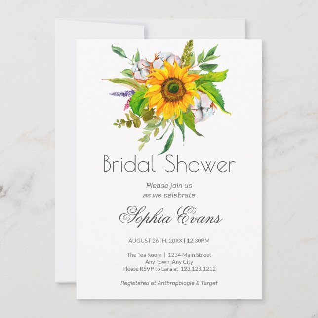 Simple Sunflower and Greenery White Bridal Shower Invitation (Front)