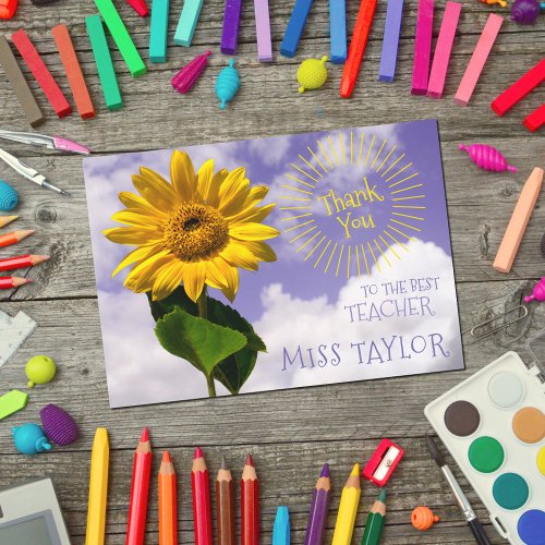 Simple Sunflower and Sunrays Thanks Rustic Teacher Thank You Card