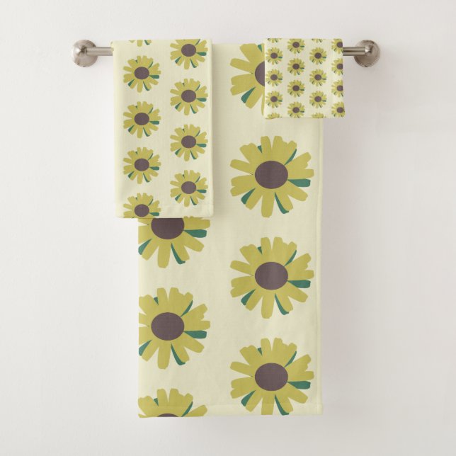 Simple Sunflower Brown Green Yellow Flower Pattern Bath Towel Set (Insitu)
