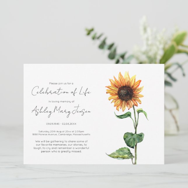Simple Sunflower Celebration of Life Funeral Invitation (Standing Front)