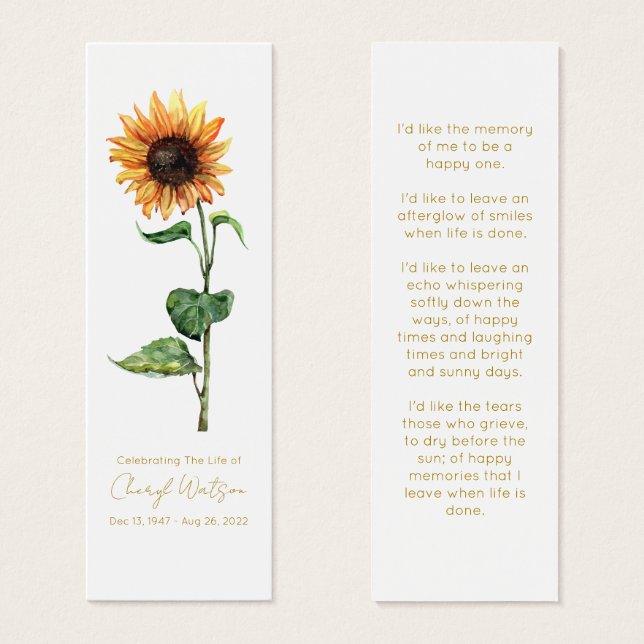 Simple Sunflower Funeral Memorial Bookmark (Front & Back)