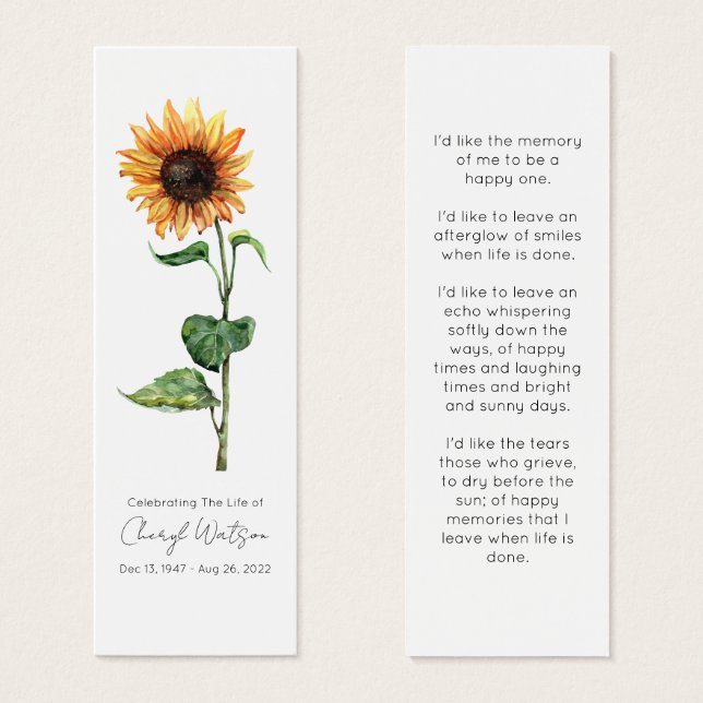 Simple Sunflower Funeral Memorial Bookmark (Front & Back)