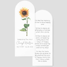 Simple Sunflower Funeral Memorial Bookmark