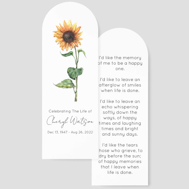 Simple Sunflower Funeral Memorial Bookmark (Front & Back)