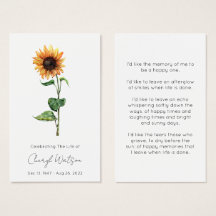 Simple Sunflower Funeral Memorial Prayer Card