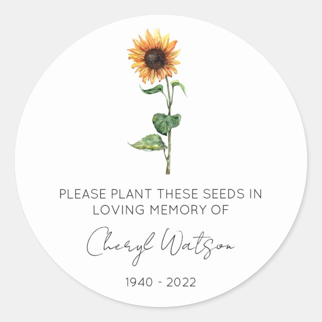 Simple Sunflower Memorial Seed Packet Classic Round Sticker (Front)