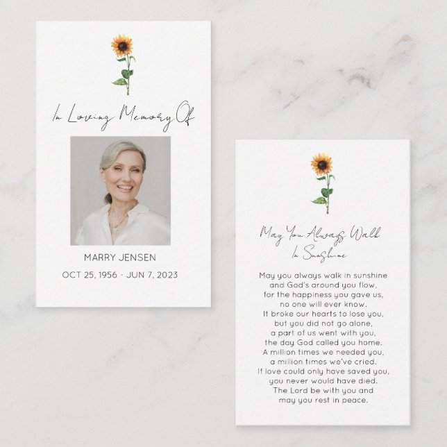 Simple Sunflower Photo Funeral Prayer Card (Front/Back)