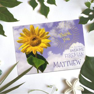 Simple Sunflower & Sunrays Thanks Rustic Fireman Thank You Card