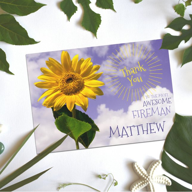 Simple Sunflower & Sunrays Thanks Rustic Fireman Thank You Card (Creator Uploaded)