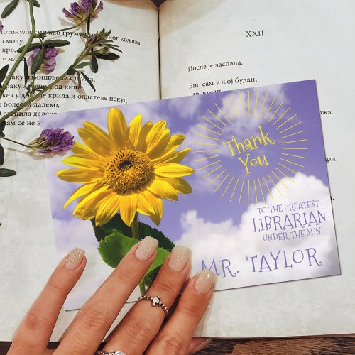 Simple Sunflower  Sunrays Thanks Rustic Librarian Thank You Card