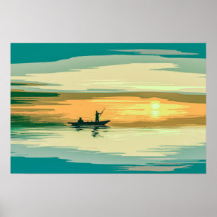 Simple Sunrise Fishing Artwork Poster