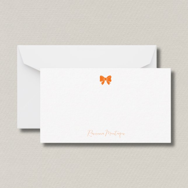 Simple Sunset Orange Chic Bow Handwritten Name  Note Card (Creator Uploaded)