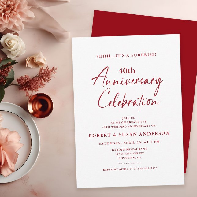 Simple Surprise 40th Wedding Anniversary Ruby Red  Invitation (Creator Uploaded)