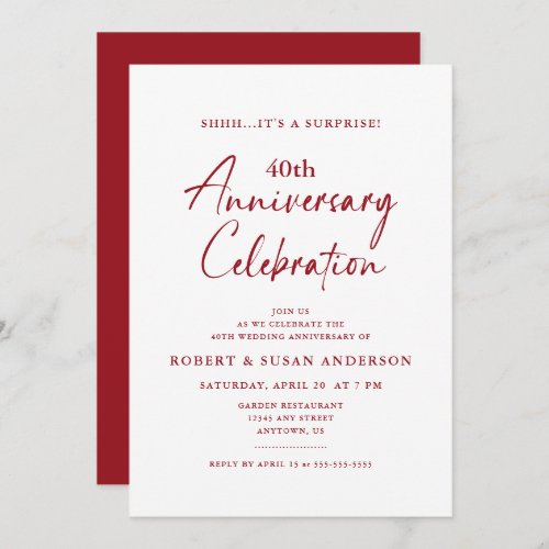 Simple Surprise 40th Wedding Anniversary Ruby Red  Invitation