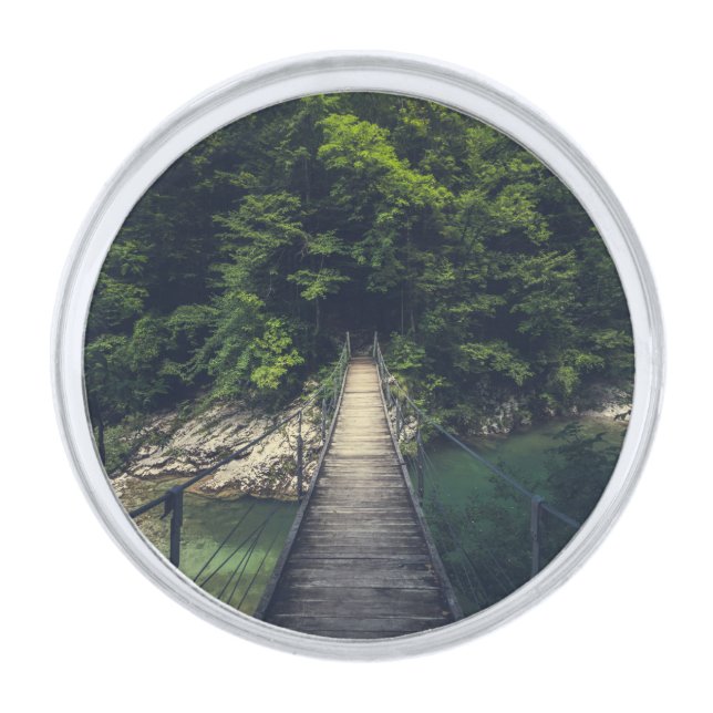 Simple suspension bridge over river Idrijca, Slove Silver Finish Lapel Pin (Front)
