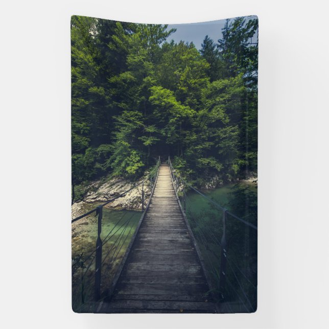 Simple suspension bridge river Idrijca, Slovenia Banner (Vertical)