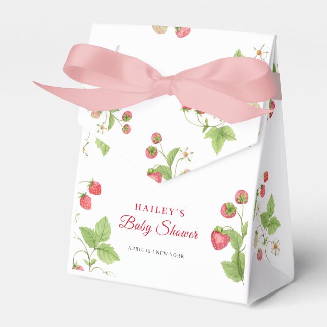 Simple Sweet Greenery Strawberry Baby Shower Favor Boxes (Front Side)
