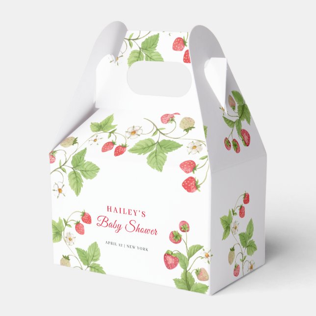 Simple Sweet Greenery Strawberry Baby Shower Favor Boxes (Front Side)