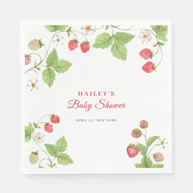 Simple Sweet Greenery Strawberry Baby Shower Napkins (Front)