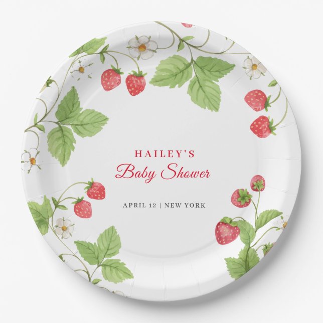 Simple Sweet Greenery Strawberry Baby Shower Paper Plates (Front)
