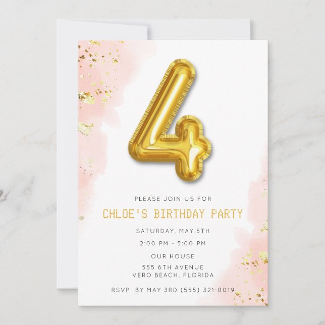 Simple Sweet Pink 4th Birthday Balloon Party Invitation (Front)