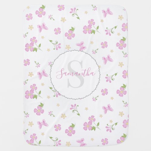 Simple Sweet Pink Floral Baby Girl Monogram Baby Blanket