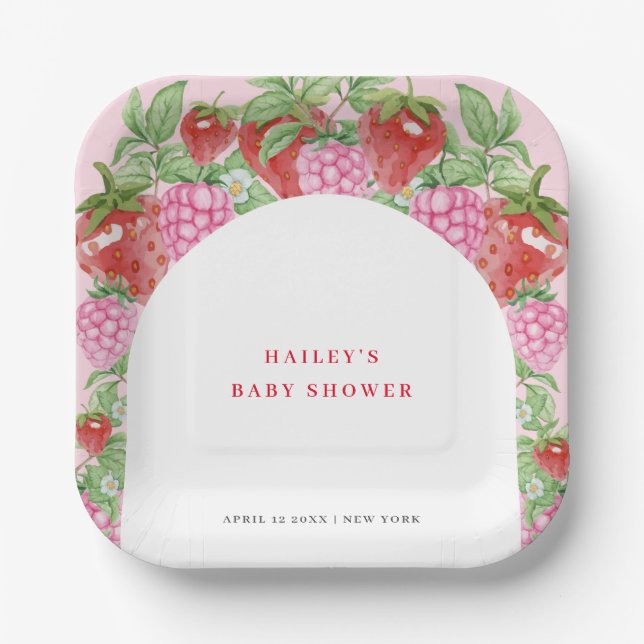 Simple Sweet Strawberry Arch Baby Shower Paper Plates (Front)