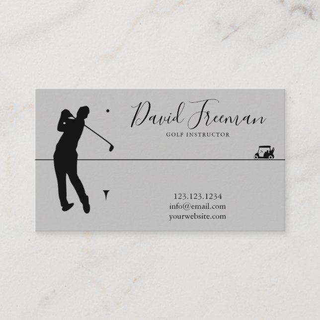 Simple Swing Silhouette Grey Golf Instructor  Business Card (Front)