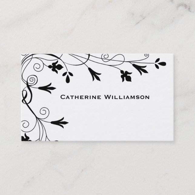 Simple Swirl Black White Floral Stylish Modern Business Card (Front)