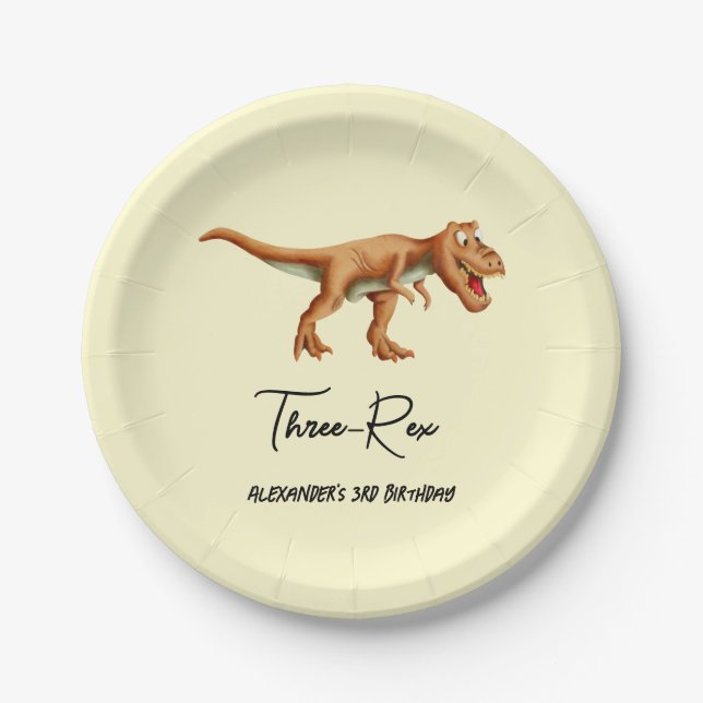 Simple T Rex Dinosaur Third Birthday Party Paper Plates (Front)