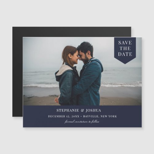 Simple Tag Photo Save The Date Navy Blue Magnetic Invitation