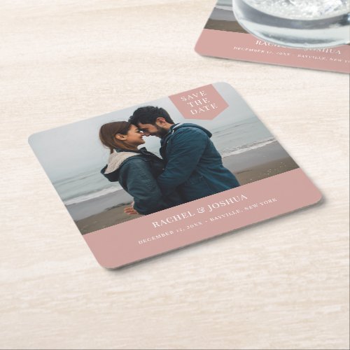 Simple Tag Photo Save The Date Square Paper Coaster