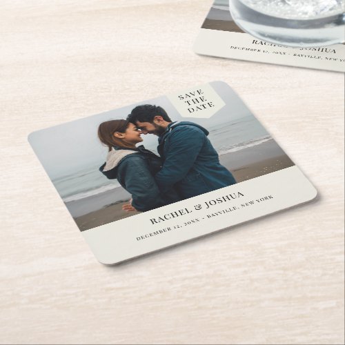 Simple Tag Photo Save The Date Square Paper Coaster