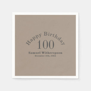 Simple Tan and Charcoal Gray 100th Birthday Napkins