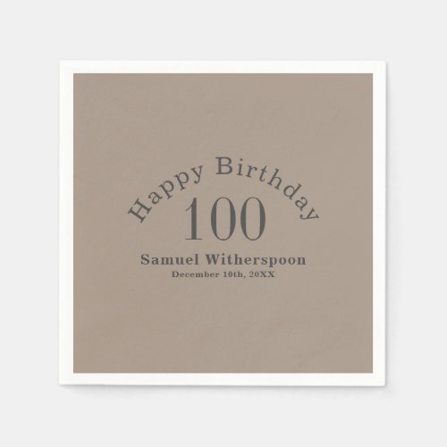 Simple Tan and Charcoal Gray 100th Birthday Napkins