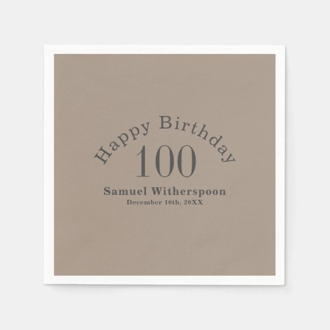Simple Tan and Charcoal Gray 100th Birthday Napkins (Front)