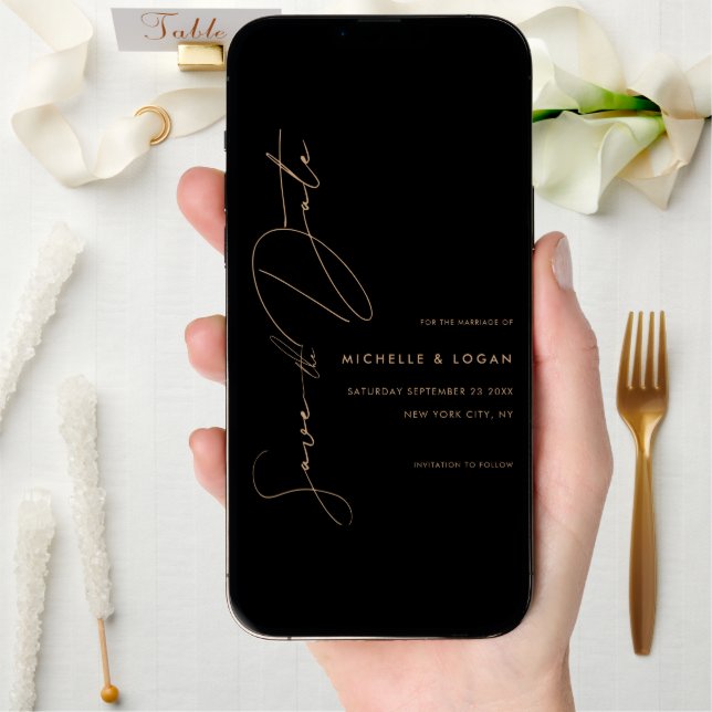 Simple Tan Black Modern Handwritten Script Save The Date (Front Digital)
