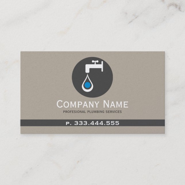 Simple Tan & Gray Plumbing Services Business Card (Front)