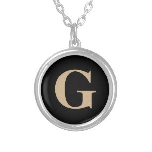 Simple Tan Monogram on Black Background Silver Plated Necklace