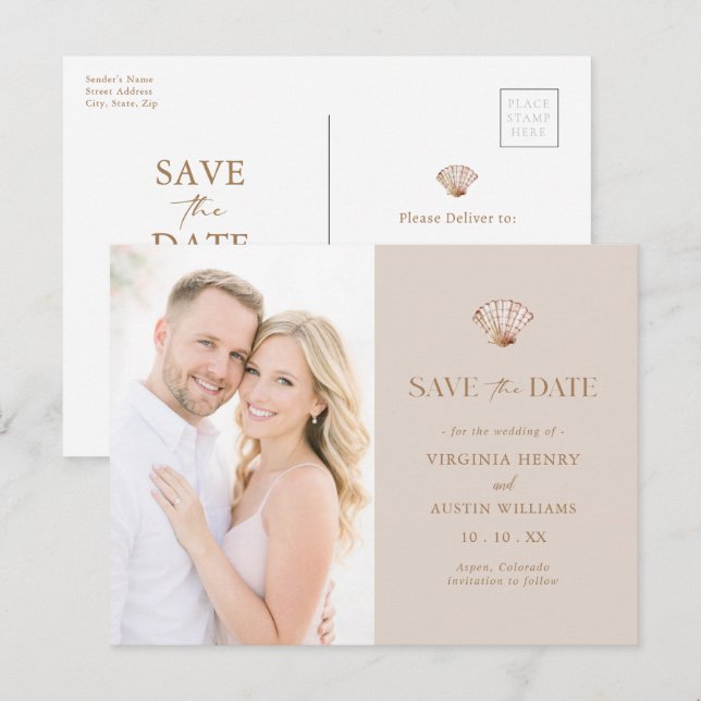 Simple Tan Seashell Beach Save the Date Postcard (Front/Back)