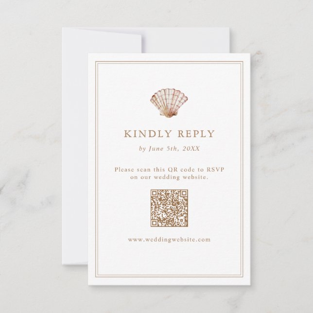 Simple Tan Seashell Beach Wedding QR Code RSVP Card (Front)