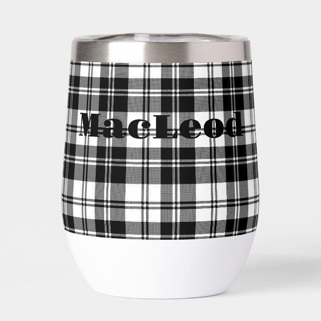 Simple Tartan Black and White Monogram Name | Thermal Wine Tumbler (Back)